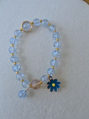 Blue Crackle Bead Bracelet with Gold Accents & Blue Daisy Charm